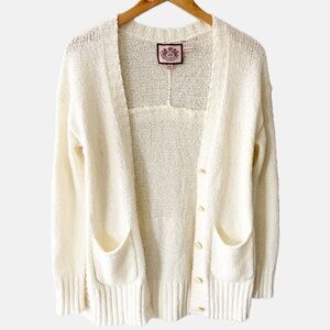 Juicy Couture Sweater Cardigan Cream Ivory Chunky Knit P Oversized Pockets Y2K